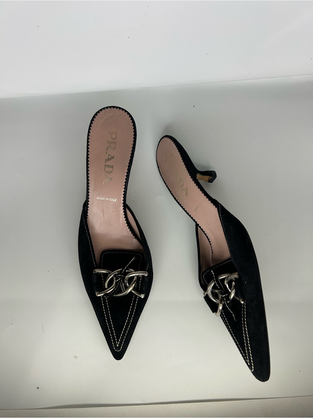 2000s Prada Black Suede Pointed Chain-Accent Mule Heels EU 38